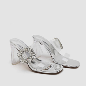 2025 Design Summer <b>Crystal</b> Diamond Hollow Anti-Slippery Breathable Sandals European American Slippers High Heels Square Toe - Product Image 4