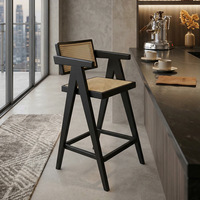 Tabouret de bar en bois massif avec accoudoirs, dossier en rotin tressé métallique, chaise de bar haute pour îlot de cuisine, café, hôtel, mobilier de maison