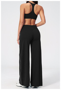 Solid Color Yoga Set Women's Racerback Crop Top High Waist Wide Leg Pants With <b>Side</b> Stripe Breathable Sportwear 2 Piece Outfit - Product Image 4