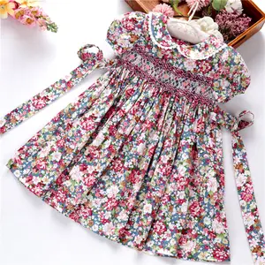 oem boutiques toddler baby girls smocked dresses floral flower hand made cotton satin wholesale smocked children clothing