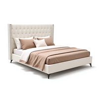 Lit capitonné de luxe en tissu crème Rondure BF-1002, taille Queen, avec garniture en clous