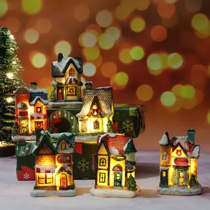 บ้านคริสต์มาสขนาดเล็ก LED ปราสาทเรืองแสง,ของขวัญคริสต์มาสสุดสร้างสรรค์ภูมิทัศน์ขนาดเล็กทำจากเรซิ่น