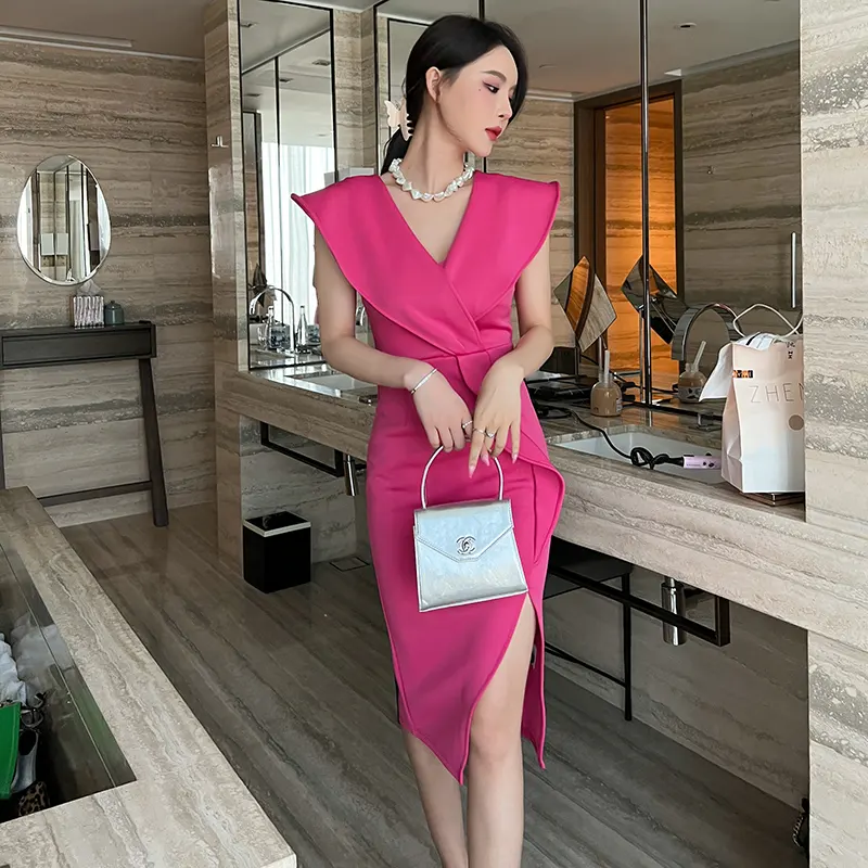 ZYHT 5930 Wholesale Split Sleeveless V Neck Knee Length Pencil Pink 1 Piece Dress Womens Clothing Dresses