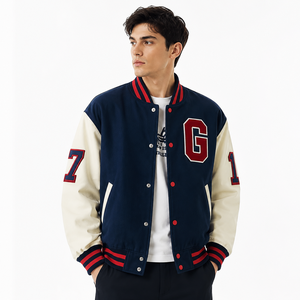 Veste de baseball enduite pour homme, coupe-vent, à capuche, avec numéros et lettres 3D appliqués, manches contrastantes, poignets côtelés et ourlet boutonné - Product Image 1