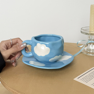 Bầu Trời Xanh và mây trắng họa tiết hoa Cốc thiết kế ban đầu phong cách Bắc Âu kết cấu bằng tay cốc cà phê gốm và đĩa - Product Image 5