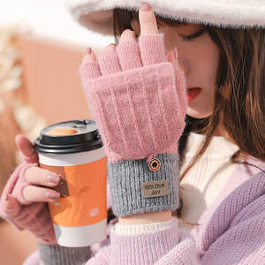 Automne hiver gants tricotés en plein air coupe-vent chaleur FingerlessFlip Cover femmes gants en laine - Product Image 2
