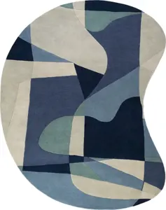 Tapis fait à la main avec pierres naturelles, tapis avec lignes pivotantes, de couleur bleu marine, en carbone