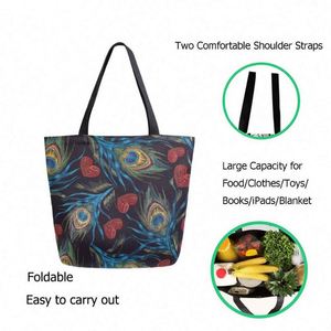 Bolso de mano elegante con plumas de pavo real, bolso grande de lona para el hombro, bolso de compras duradero y reutilizable - Product Image 3