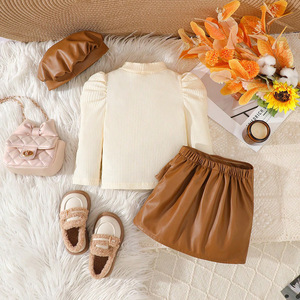 Conjuntos de Ropa para Niñas, Nueva Colección de Primavera, Camisa de Manga Abullonada, Falda de Cuero Sintético con Sombrero, Conjunto de 3 Piezas - Product Image 2