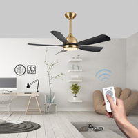 Ventilateur de plafond intelligent de style simple de 42 pouces avec 5 pales en ABS, finition noir et or et moteur DC pour la décoration de la maison