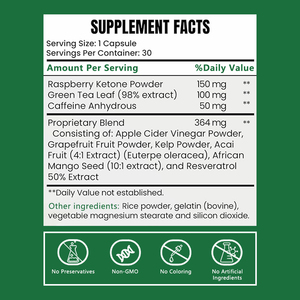 Raspberry Ketones Fat Burner Capsules with Green Tea Caffeine ACV Supports <b>Metabolism</b> Weight Loss Thermogenic Supplement - Product Image 4