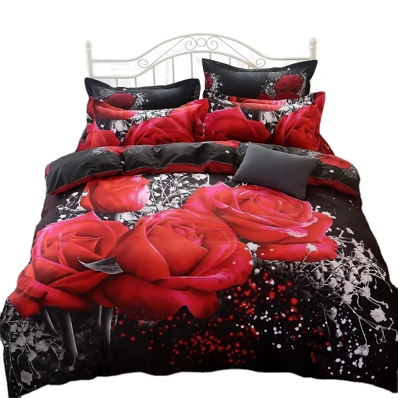 Customized pattern soft 3d romantic red rose printed 4 pieces cotton comforter sets queen king size designer bed sheet quilt bed