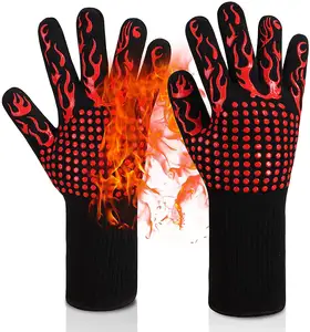 Manufactures Suppliers Leather Heat Resistant Gloves Kitchen Oven Mitt BBQ Grill Cooking Silicone Gloves for bbq