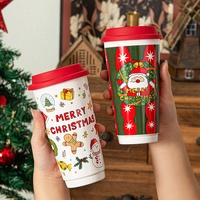 Tasse à café en céramique portable imprimée pour Noël avec couvercle, motif festif Père Noël, mug de voyage pour les fêtes et le quotidien, cadeau de Noël