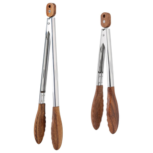Eco-Friendly Creative Stainless Steel Wooden Black Walnut Olive Solid <b>BBQ</b> Salad Meat Garlic Fry Food Tongs With a Buckle - Product Image 1