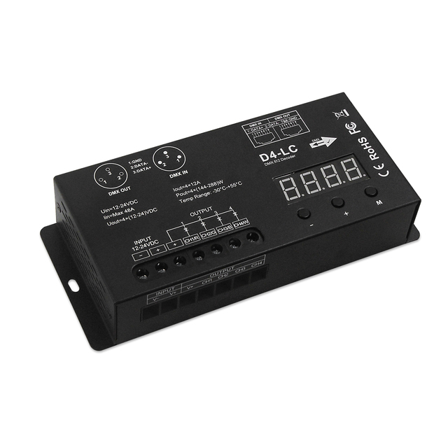 High Power 4 Channels RGBW Decoder Digital Display Constant Voltage DMX512 Dimmer LAMPOW LP-D4-LC 1152W 12-24V Input 3-Year