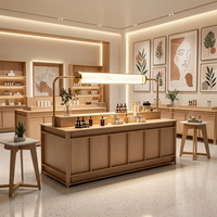 Meubles de présentation pour cosmétiques commerciaux, comptoir de présentation de maquillage en bois grainé avec luminaire personnalisé
