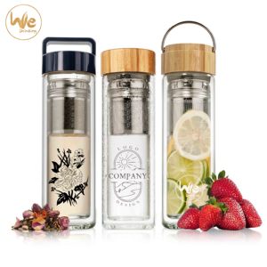 GS05-A 425ml 15oz Double Paroi Verre Tasse de Voyage avec Couvercle En Bambou <span class=keywords><strong>et</strong></span> <span class=keywords><strong>Infuseur</strong></span> À Thé pour la Désintoxication Café Fruits Boisson Au Lait - Product Image 1