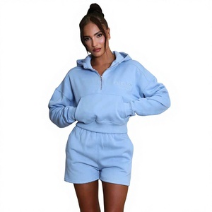 Conjunto de Sudadera con Capucha y Pantalones Cortos de Forro Polar Azul Claro para Mujer, Estilo Casual Holgado de Dos Piezas, Color Sólido, Ropa de Otoño - Product Image 5