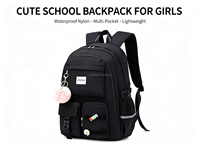 Sac à dos scolaire en nylon imperméable multi-poches pour ordinateur portable avec breloque pompon, sac à dos de voyage décontracté pour étudiants, adolescents et adultes