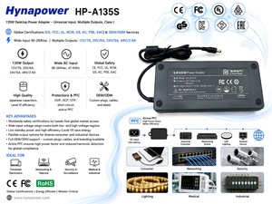 อะแดปเตอร์แปลงไฟแบบตั้งโต๊ะ OEM/ODM 135W  90-264Vac อินพุต 12/20/24/48Vdc เอาต์พุต CE PFC Class I Level VI สำหรับแล็ปท็อป Hynapower รุ่น HP-A135S - Product Image 5
