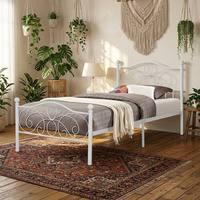 Lit plateforme en métal blanc à motif européen vintage, durable, réglable, taille standard, facile à assembler, sans chambre à coucher