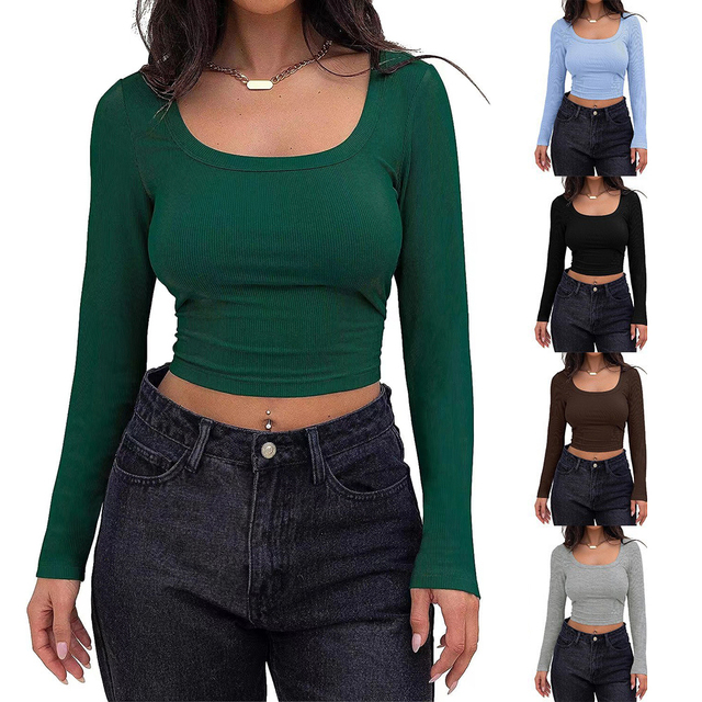 Hot Selling New Style Custom Embroidery Design Long Sleeve Ribbed Crop Top Sexy Crop Tops for Women