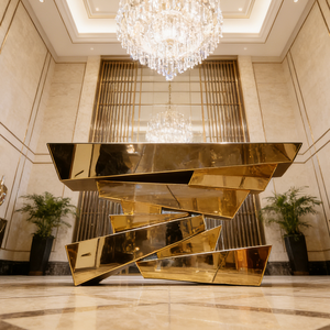 Table <span class=keywords><strong>console</strong></span> en pierre créative de haute qualité avec miroir, cadre en acier inoxydable doré, plateau en marbre, meuble d'entrée, salon - Product Image 2