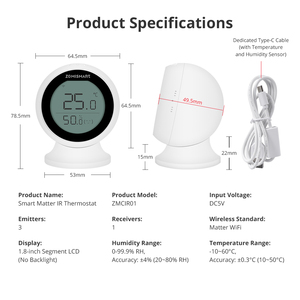 Zemismart Matter WiFi Smart IR Blaster con Sensor de Temperatura y Humedad para Control de Aire Acondicionado, Compatible con Apple Home, <span class=keywords><strong>Alexa</strong></span> y Google Home - Product Image 6