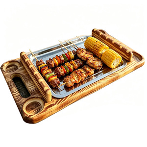Plateau de barbecue rétro en bois 56x30x8 cm avec support pour brochettes pour pique-nique en plein air et utilisation à la maison - Product Image 1