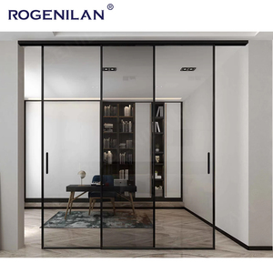 ROGENILAN Porte coulissante en <span class=keywords><strong>verre</strong></span> sans cadre personnalisée couleur café-brun, bureau, cuisine, aluminium, <span class=keywords><strong>intérieur</strong></span>, <span class=keywords><strong>cloison</strong></span> à 4 panneaux, portes coulissantes - Product Image 4