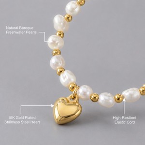 Pulsera JinSpark 'Ethereal Heart' con Perlas Naturales y Cuentas de Acero, Chapada en Oro de 18K, con Dije de Corazón, Regalo de Joyería para Ella - Product Image 3
