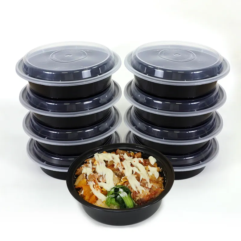 Kotak makan siang plastik bulat hitam 16oz wadah makanan bawa pulang plastik sekali pakai dengan tutup mangkuk untuk penyimpanan makanan