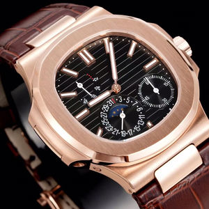 Montre pour homme avec boîtier en or rose de qualité supérieure, bracelet en cuir de crocodile marron, cadran noir, chronographe à phases lunaires, montre-bracelet mécanique - Product Image 2