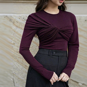 Women Winter Ribbed <b>Long</b> Sleeve T-Shirt Ruched Round Neck Slim Fit Breathable & Anti-Wrinkle for Office Commuting [A8092] - Product Image 1