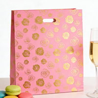 Sac cadeau en papier kraft rose à motif de rose dorée, avec soufflet latéral, recyclable, luxe, pour supermarché, fête, emballage, gravure