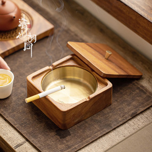 Cendrier carré en bois de noyer Qingshan <span class=keywords><strong>Hutong</strong></span> avec couvercle, style rétro, accessoire de table à thé pour la maison - Product Image 2