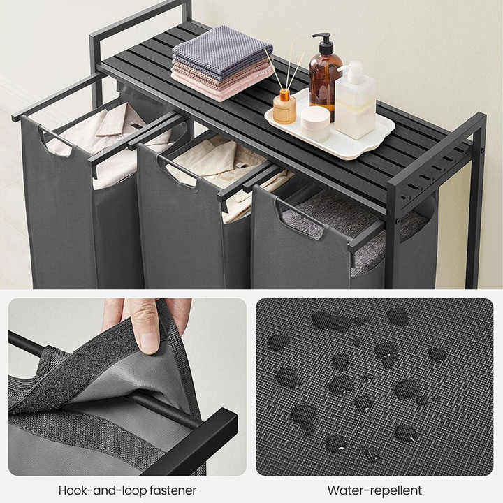 Factory Custom Hot-selling Laundry Basket Foldable Metal Oxford Cloth Storage 3 Pull-Out Removable Bags Basket Laundry