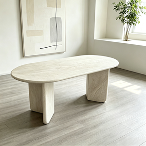 Table à manger en marbre <span class=keywords><strong>blanc</strong></span> travertin italien de luxe, meubles en pierre modernes, table de forme elliptique, table à manger haute, ensemble de 6 chaises - Product Image 1