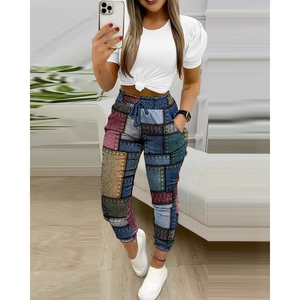 เสื้อยืดคอกลมแขนสั้นผู้หญิง กางเกงขายาว ชุดลำลองพิมพ์ลาย 2 ชิ้น แฟชั่น - Product Image 3