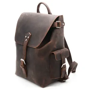 Factory Wholesale Luxury Custom Logo Unisex Korean Back Packs Vintage Waterproof Brown Crazy Horse Genuine Real Leather Backpack