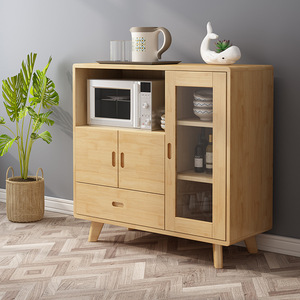 Buffet en bois massif de style nordique, armoire pour micro-ondes, 900 mm de hauteur, armoire de rangement multifonctionnelle pour la cuisine, design minimaliste moderne - Product Image 1