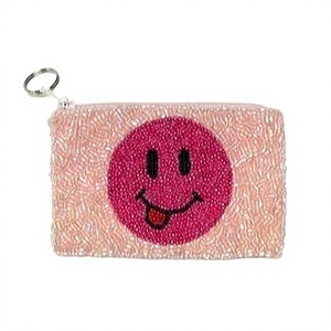 Beaded <b>Pink</b> Coin <b>Purse</b> With Smile Face Zipper Closure Cartoon Style Unisex Mini Size - Product Image 1