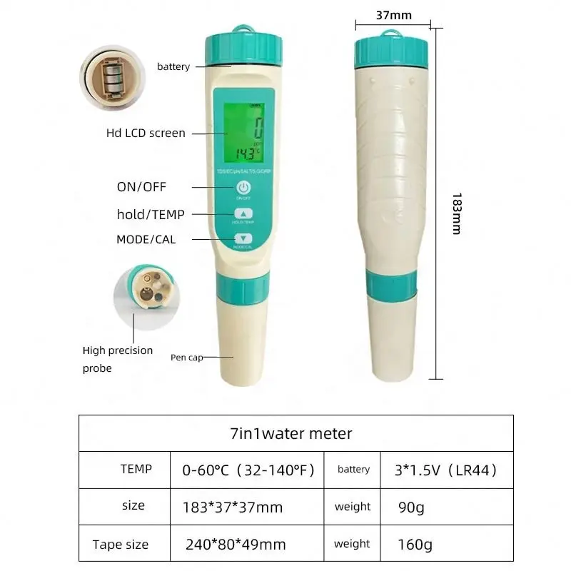 Yeni 7 in 1 dijital pH test cihazı PH / TDS / EC/ORP/tuzluluk/sıcaklık fonksiyonu dijital pH metre çok parametre Tester