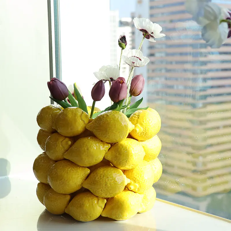 Jarrón de cerámica 3D de diseño interior de lujo moderno creativo de forma personalizada para decoración del hogar florero de limón amarillo siciliano de fruta