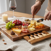 Ensemble de planche à fromage en bois d'acacia avec tiroir coulissant - Grande planche à charcuterie avec 4 couteaux - Cadeau idéal pour un déménagement