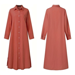 Nouvelle Robe Chemise Unie pour Femme, Manches Longues, Boutonnage Simple, Élégante, Style Moyen-Orient, Ample, Maxi, en Coton - Product Image 6