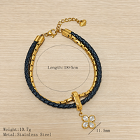 Bracelet double couche pour femme en acier inoxydable plaqué or, chaîne à billes, cordon en cuir tressé, charme trèfle à quatre feuilles en zircon cubique