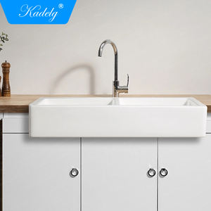 Évier de cuisine en céramique blanc à double bac, à encastrer, avec tablier frontal - Product Image 2