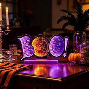 ไฟกลางคืนรูปฟักทอง Boo Pumpkin Infinity Mirror สำหรับตกแต่งฮาโลวีน วัสดุอะคริลิก ใช้พลังงานจากแบตเตอรี่ สีส้ม พิมพ์ลายตามสั่ง โปร่งใส - Product Image 2
